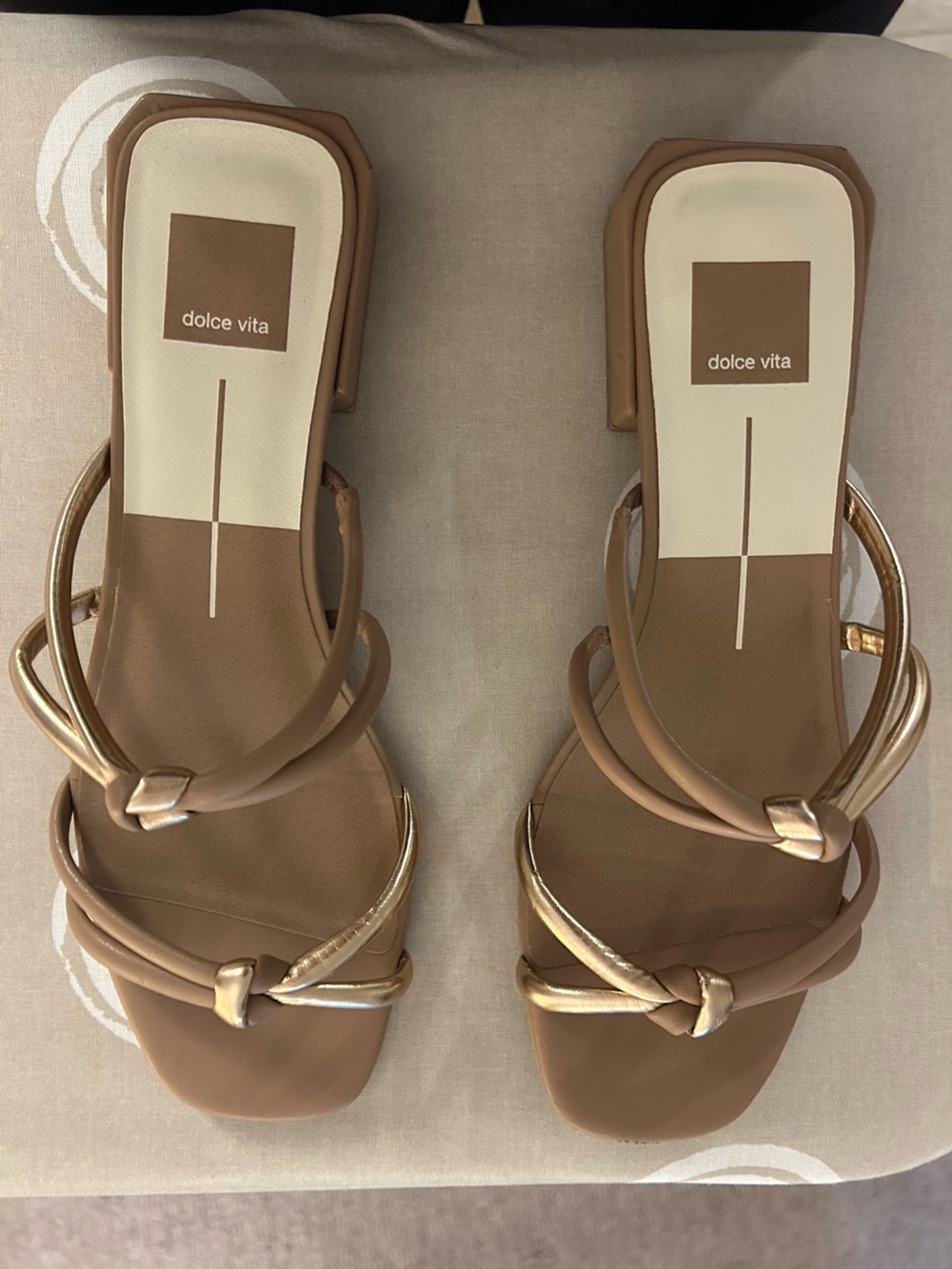 Dolce Vita Tan Sandals with Metallic Gold Straps